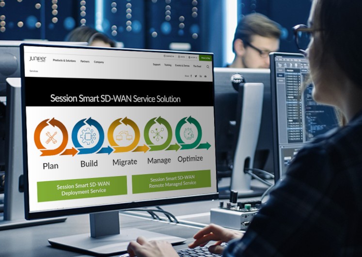 Pessoa em seu computador olhando para um diagrama que demonstra os recursos do Session Smart SD-WAN Service.