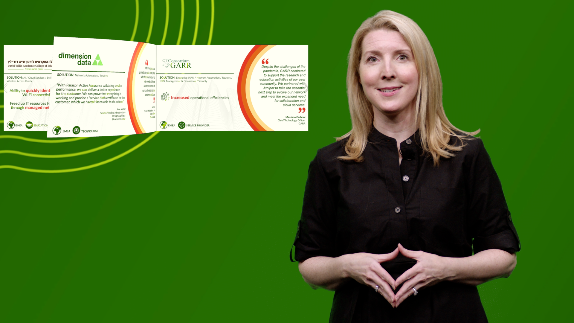 Image of the host Sarah Lesway-Ball, Senior Director, Global Customer Experience, Juniper Networks, speaking. There’s a green background and a headline that says, “Connect Work Live.” In smaller print there the URL for the flipbook: https://www.juniper.net/customers-digital-flipbook.